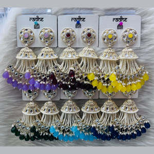 <b>Gold</b> Plated Kundan Stone <b>Dangle</b> <b>Earrings</b> with Beads Elegant Fine <b>Dangle</b> Jewelry - Product Image 1