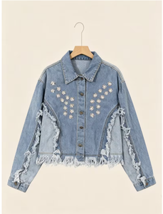 Chaqueta Vaquera TRIBON SPORTS para Mujer, con Parches de Leopardo, Dobladillo con Flecos, Corta, Otoño/Invierno, Casual, Manga Larga, Cuello Camisero - Product Image 2