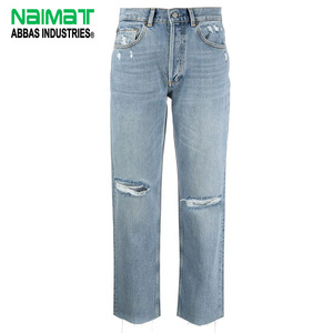 กางเกงยีนส์เดนิมขาดรุ่ยเอวสูงทรงตรงสีฟ้าอ่อนสำหรับผู้หญิง พรีเมียม แต่งขอบดิบ สไตล์ลำลองแฟชั่นประจำวัน - Product Image 1