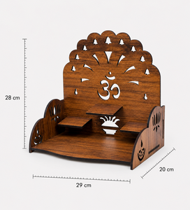 Handcrafted Wooden Pooja <b>Mandir</b> with OM Symbol & Kalash Cutwork Design – Scalloped Crown Temple Shelf | 28x20x29cm - Product Image 2