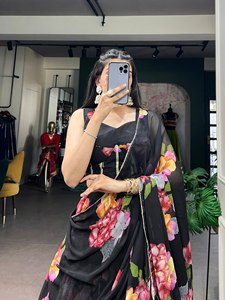Vestido Largo de Gasa con Estampado Floral y Dupatta, Sin Mangas, Cuello Cuadrado, para Fiesta o Boda, para Mujer - Product Image 1