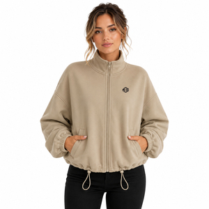 Streetwear Women Sweatshirts Minimalist Brushed Fleece Full Zip Oversized Bomber Jacket Drawcord Hem Custom Logo Hoodies Factory - Product Image 1