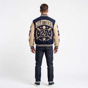 <b>Men</b> Navy <b>Cream</b> Baseball <b>Jacket</b> Leather Sleeves Custom Embroidered Letterman Style Snap Button Streetwear - Product Image 1