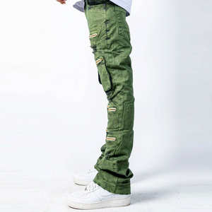 กางเกงยีนส์ผู้ชายสีเขียวทรงสแต็คแฟชั่นสตรีทแวร์ ดีไซน์ซิปหลายจุด ทรงเข้ารูปลำลอง กางเกงเดนิมทันสมัยมีสไตล์ รับผลิตแบบ OEM ODM - Product Image 4