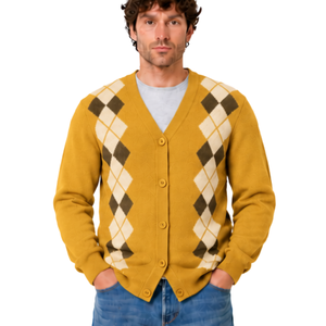 Cardigan en tricot pour homme jaune moutarde à col en V, motif losanges, boutons sur le devant, manches longues, classique, décontracté, tricot doux - Product Image 3