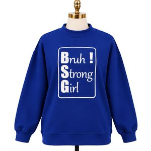 <b>Womens</b> Royal Blue Oversized Sweatshirt <b>White</b> Strong Girl Graphic Print Crew Neck Long Sleeve Casual Streetwear Fashion Pullover - Product Image 1