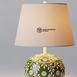 Handmade Round Green Floral Bone Inlay <b>Table</b> <b>Lantern</b> with Fabric Shade – Decorative Bedside Nightstand <b>Lamp</b> for Living Room - Product Image 5