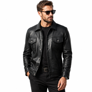 Veste en cuir véritable noire pour homme, col rabattu, coupe classique, simple boutonnage, style moto, couleur unie, pour l'automne - Product Image 1