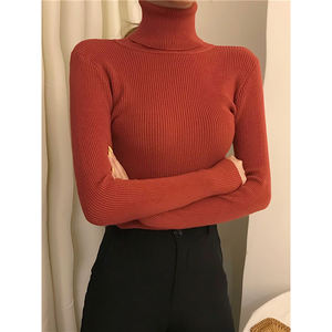 Pull en tricot élégant et chic pour femmes, style vintage Harajuku, col roulé, slim, élastique, rouge brique uni, automne-hiver - Product Image 1