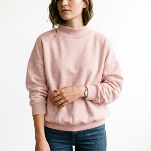 Sweat-shirt pour femme léger en coton à pois, col montant, coupe ample et oversize, ourlet côtelé, personnalisable - Product Image 1