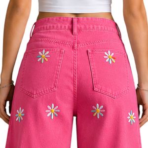 Vaqueros anchos de mujer de cintura alta con bordado floral rosa intenso, corte holgado, estilo casual urbano, personalizados. - Product Image 6