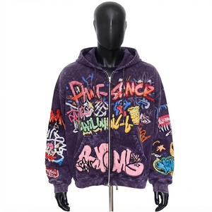 Sweat-shirt à capuche pour homme, style vintage graffiti, doublé, écologique, effet délavé, coupe oversize, streetwear, en coton épais, brodé - Product Image 1