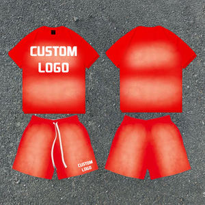 Custom Logo Pink Men's 2-Piece T-Shirt and Shorts <b>Set</b> Solid Color Casual Summer Wear Crew Neck <b>Knitted</b> Cotton Breathable - Product Image 5