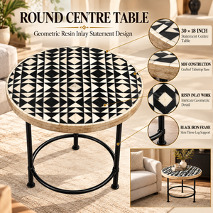 Round Centre <b>Table</b> with Geometric Resin Inlay | MDF Top <b>Black</b> Iron Frame Modern Decorative <b>Living</b> <b>Room</b> Accent Furniture for Home - Product Image 5