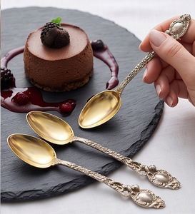 Vintage <b>Gold</b> Plated Tea Spoons With Ornate Silver Handles <b>Long</b> Handle Flatware Cutlery Set <b>Mirror</b> Polish Durable Design - Product Image 2