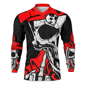 Camiseta de Motociclismo Personalizada para Hombre, Manga Larga, Sublimada, Secado Rápido, Transpirable, Diseño de Calavera Roja y Negra - Product Image 1