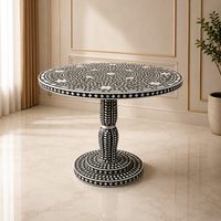 Table à manger ronde en bois avec incrustations en os, design moderne et motif noir et blanc pour cuisine ou salon