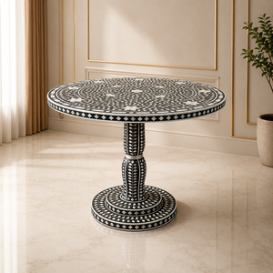 Table à manger ronde en bois avec incrustations en os, design moderne et motif noir et blanc pour cuisine ou salon - Product Image 1
