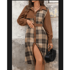 Vestido midi tipo camisa con cinturón y estampado de cuadros para mujer – Ropa informal vintage para otoño - Product Image 5