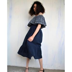Vestido Mini de Verano para Mujer con Cuello en V, Top con Volantes a Rayas y Falda Escalonada Azul Marino, Cintura Elástica, 100% Algodón Ecológico - Product Image 3