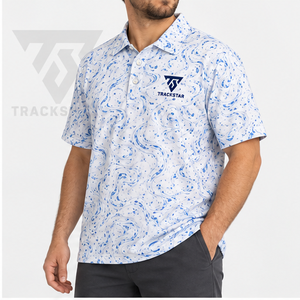 เสื้อโปโลผู้ชาย Trackstar สีขาวลายหินอ่อนสีน้ำเงิน แขนสั้น ปกติดกระดุม สไตล์ลำลอง เหมาะสำหรับตีกอล์ฟ รับสกรีนโลโก้ - Product Image 3