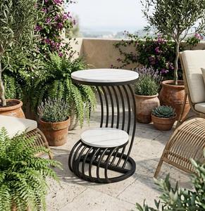 Modern Round Console <b>Table</b> with <b>Marble</b> <b>Top</b> and Metal Pedestal Base for Courtyard Furniture - Product Image 1