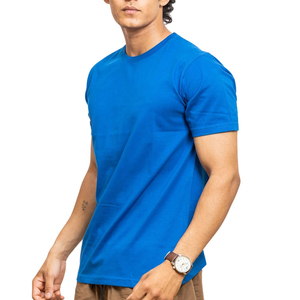 Camiseta de algodón de manga corta con cuello redondo azul sólido para hombre, estilo casual de punto jersey, ligera, de corte regular. - Product Image 5