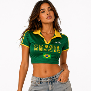 Trendy Y2K Block Color Short Sleeve Soccer Crop <b>Top</b> Casual women's shirt OEM Retro Collar Football Inspired Custom Logo Baby Tee - Product Image 1