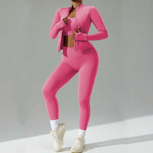 Ensemble de sport 3 pièces pour femme, taille haute, effet seconde peau, respirant, avec veste à logo frontal, vente en gros personnalisée - Product Image 1