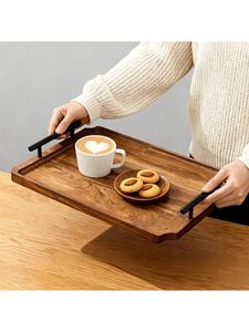 Modern Eco-Friendly Polished <b>Wood</b> <b>Serving</b> <b>Tray</b> with Handles Dark Brown Round Durable Party Coffee Snack Platter - Product Image 1
