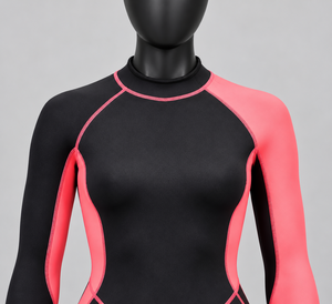 Traje de Neopreno de Manga Larga con Cuello Alto para Mujer, Bloques de Color Negro y Rosa, Traje de Cuerpo Entero Impermeable de Verano de 3.0mm con Cremallera Trasera - Product Image 5