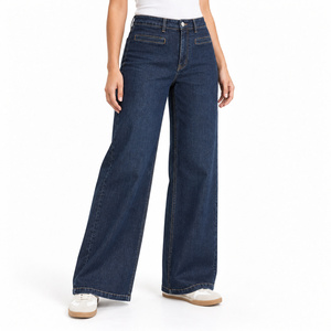 Jean en denim ample à jambe large pour femme, indigo foncé, taille haute avec poches horizontales sur les hanches, lavable, tailles XS-XL - Product Image 3