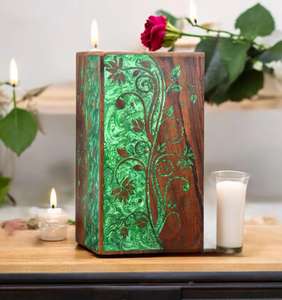 Handmade Rosewood Cremation Urn Green Floral Inlay <b>Memorial</b> <b>Box</b> for human and pets ashes - Product Image 2