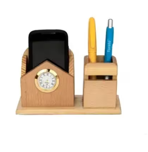 Calendario y reloj de madera con soporte para bolígrafos en forma de cabaña, soporte multifuncional para bolígrafos de madera de acacia, decoración de escritorio - Product Image 5