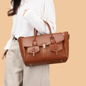 Sac fourre-tout de travail en cuir véritable marron, couleur unie, ouverture supérieure, style minimaliste pour un usage quotidien, sac fourre-tout de travail en cuir - Product Image 6