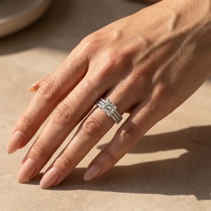 925 Moissanite Diamond Princess Cut Wedding <b>Ring</b> With <b>Two</b> Classic Wedding Bands in White Gold Plated with D Color & VVS Clarity. - Product Image 4