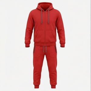 Ensemble de survêtement rouge à capuche pour homme, sweat-shirt et pantalon décontractés à fermeture éclair, couleur unie, respirant, en coton, pour l'automne - Product Image 1