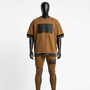 Ensemble T-shirt et legging pour homme en jersey de coton premium, marron et noir, tissu doux et respirant, patch personnalisé, 2 pièces. - Product Image 5