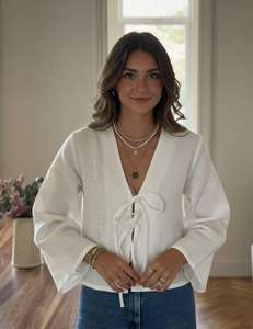 Exquisite White <b>Linen</b> Tie Front Blouse Premium Breathable <b>Linen</b> Fabric V-neckline And Delicate Double Bow Tie Front Closure - Product Image 3