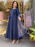 Robe décontractée pour femme, bleu marine, en coton, longueur cheville, coupe classique, brodée, séchage rapide, pour le printemps, l'été et l'automne, Inde