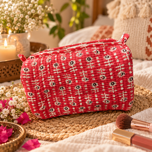 Handmade Style Red Floral Cotton Quilted Makeup <b>Bag</b> Wholesale Travel Cosmetic Pouch Zipper <b>Toiletry</b> Organizer for <b>Women</b> - Product Image 5