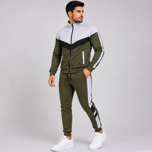 Survêtements sportifs pour hommes de haute qualité, couleur verte, manches longues, fermeture éclair, blocs de couleur, poches latérales, respirants, coupe régulière, pour le printemps - Product Image 3