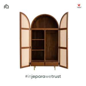 Armoire murale de luxe en teck massif et rotin, durable et écologique, style Japandi scandinave moderne, avec 2 tiroirs pour chambre à coucher - Product Image 3