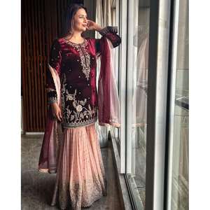 ผ้ากำมะหยี่มาใหม่เสื้อทำงาน Shara กับ dupatta Maroon - Product Image 1