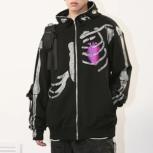 Sudadera con capucha negra con cremallera completa y diseño de esqueleto, con pedrería, estilo gótico oversize, streetwear, Y2K, punk - Product Image 3