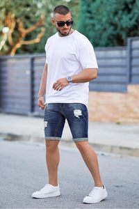 Pantalones Cortos de Mezclilla Desgastados para Hombre, Cintura Media, Estilo Casual de Verano, Pierna Recta, Color Azul Lavado - Product Image 5