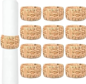 Ensemble d'anneaux de serviette en rotin naturel tressé avec un motif classique en treillis, disponibles à prix de gros. - Product Image 1