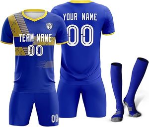 ชุดเสื้อฟุตบอลแบบกำหนดเองสำหรับผู้ชาย สีน้ำเงินทอง คอวี แขนสั้น ระบายเหงื่อได้ดี พิมพ์ลายแบบซับลิเมชั่น ชื่อทีม 00 ชุดยูนิฟอร์ม - Product Image 1