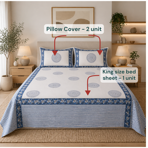 Premium Knnotted Earth White Blue Floral Jaipuri Indian Hand <b>Block</b> Printed 100% Cotton 3-Piece Classic Bedsheet Set All Season - Product Image 6