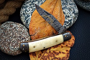Handmade Damascus Folding <b>Knife</b> with Natural <b>Bone</b> <b>Handle</b> Custom Pocket EDC Hunting <b>Knife</b> - Product Image 5